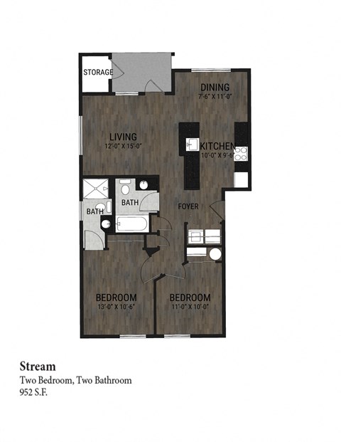 Floor plan for 2 beds, 2 baths, 952 sqft